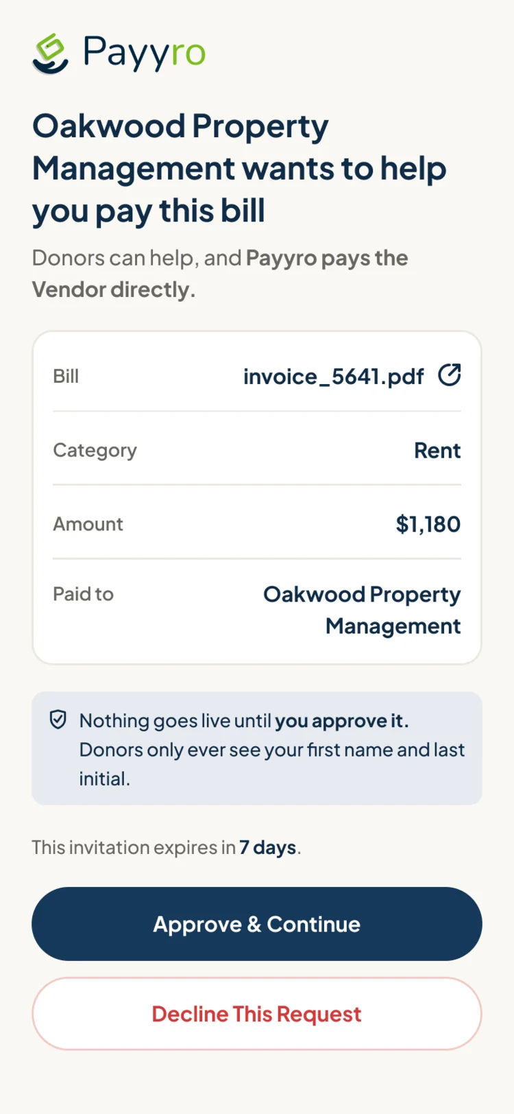 Invitation on a phone: Oakwood Property Management wants to help you pay this bill, rent of $1,180 with its invoice, a note that nothing goes live until you approve, and Approve & Continue or Decline This Request
