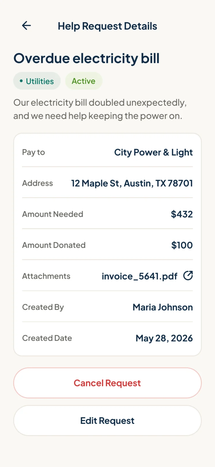 Help Request Details on a phone: overdue electricity bill, active, paid to City Power & Light, $432 needed, $100 donated, the invoice, and Cancel or Edit Request