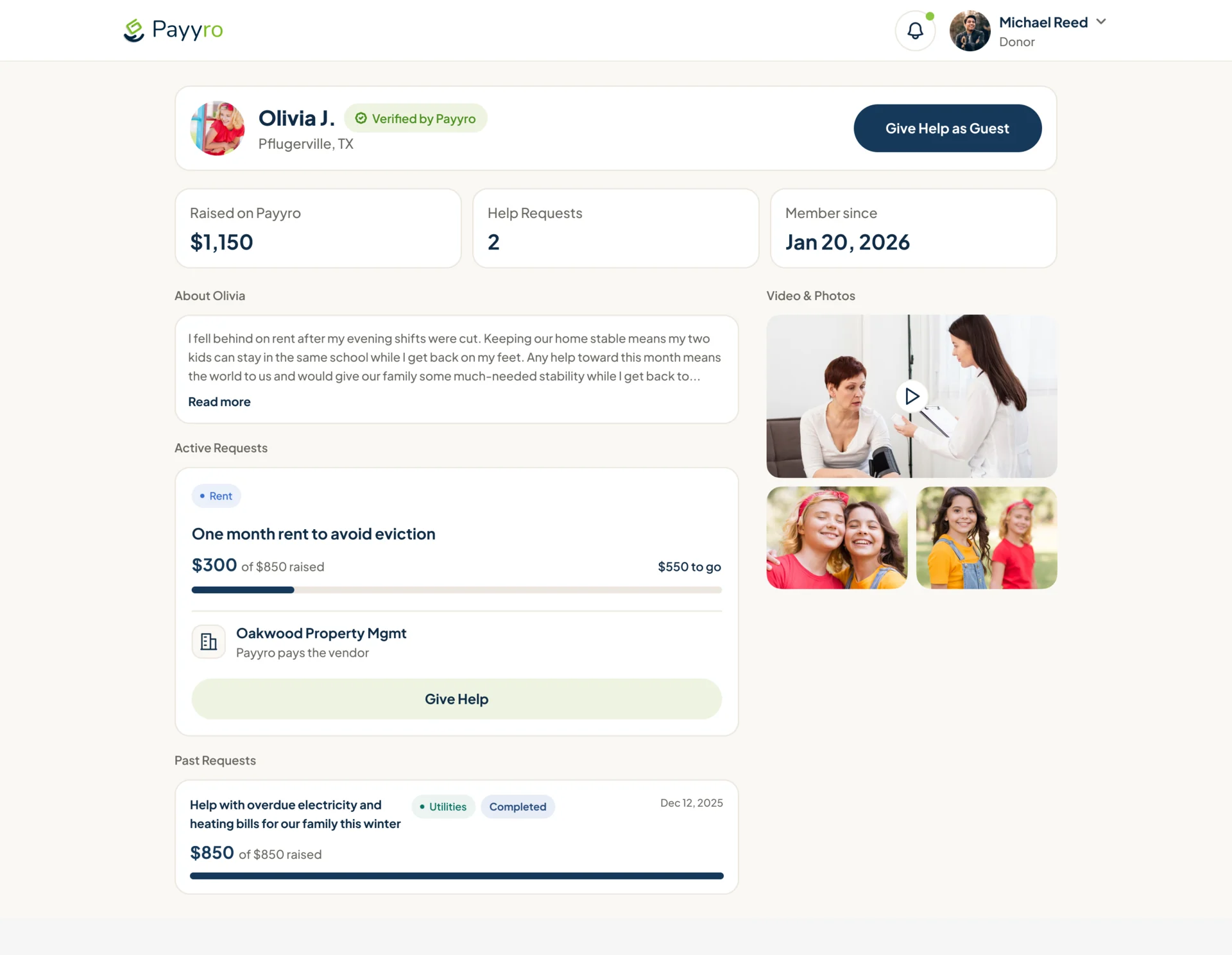 Customer public profile for Olivia J., verified by Payyro: amount raised, requests, member since, her story, an active rent request with Give Help, a completed past request, and photos and a video