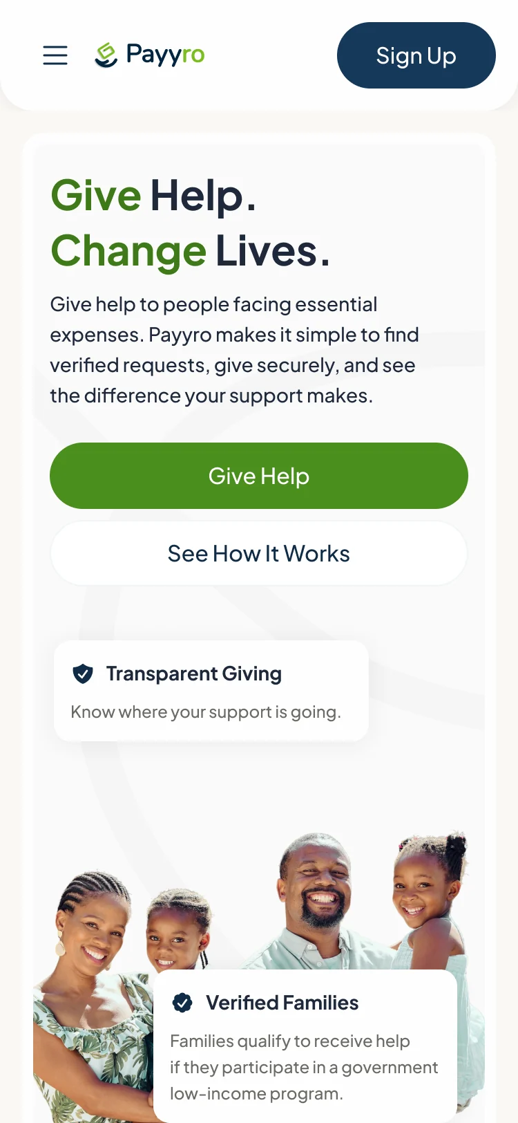 The same page at 375 pixels: one column with the headline, both actions and the cards