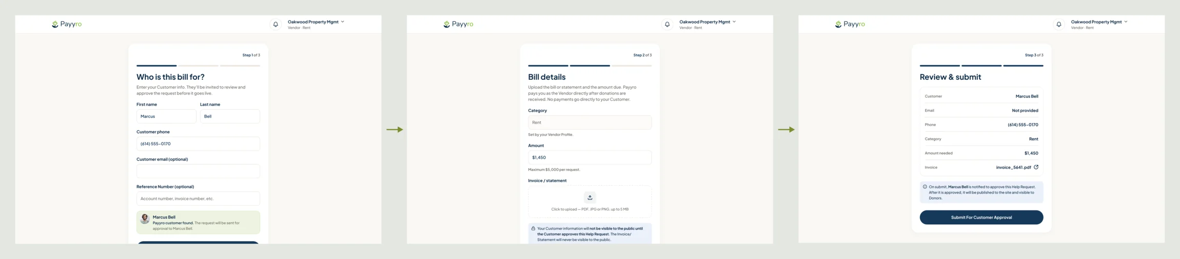 Vendor creating a Help Request in three steps: the customer found by phone, the bill with its amount and invoice, then review and submit for the customer’s approval
