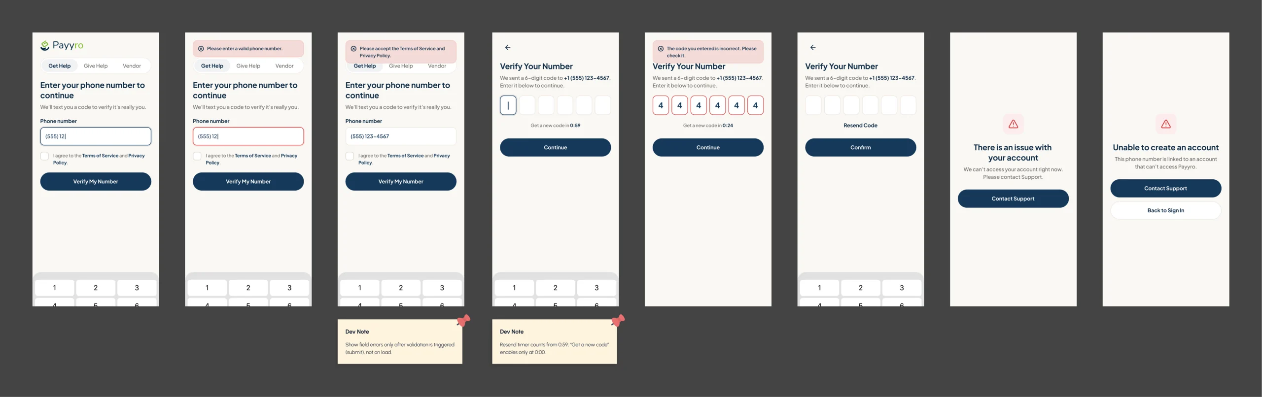 Customer sign-in screens on the Figma board: phone entry, phone errors, code verification with its resend timer, blocked accounts, and yellow dev notes under them