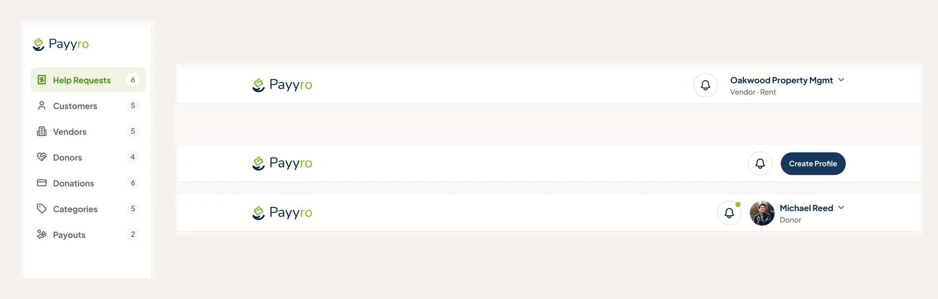 Payyro navigation: the Super Admin sidebar with counts per section, and the top bar in its vendor, guest donor and signed-in donor versions