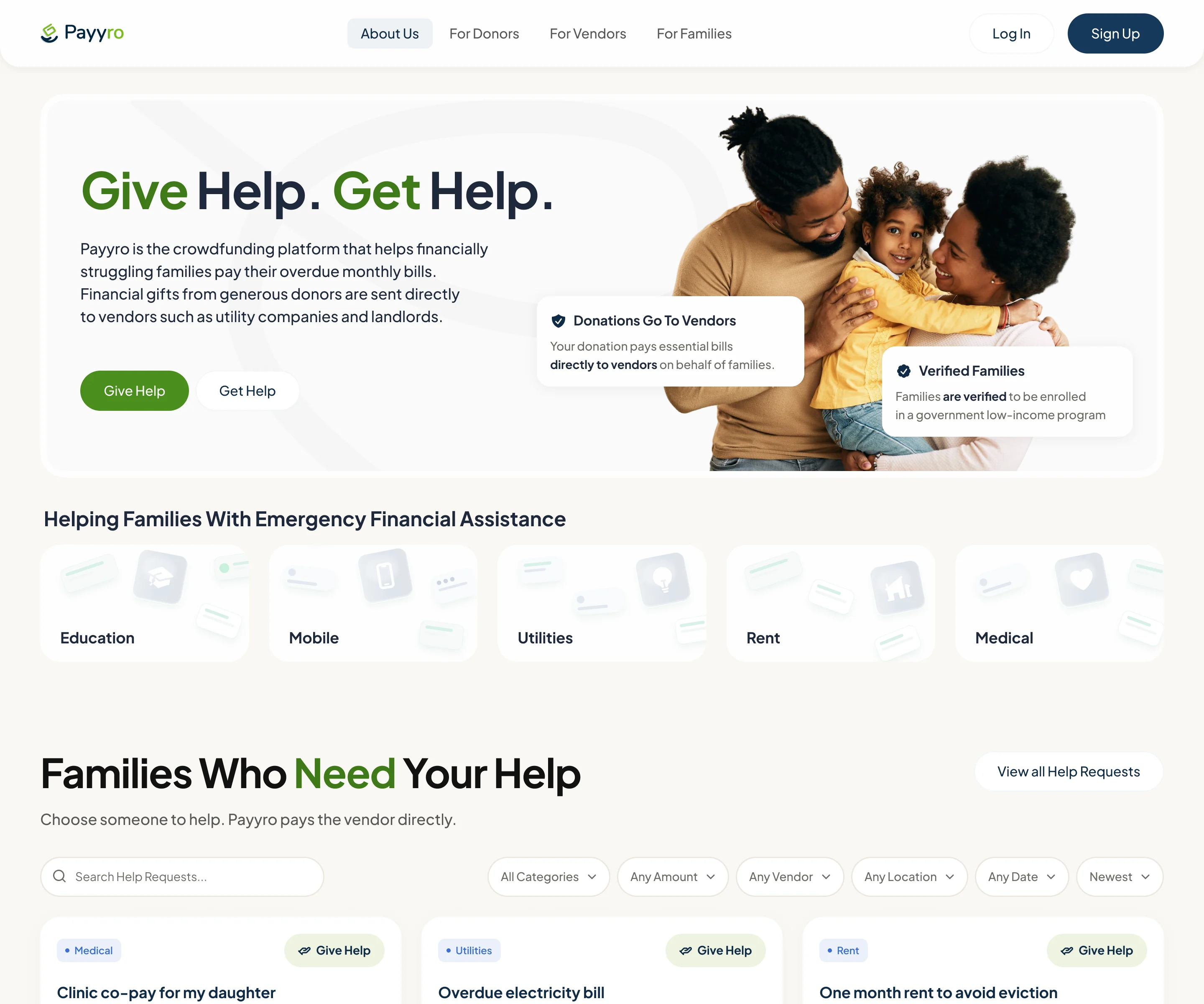 Payyro About page: Give Help. Get Help., the note that donations go to vendors, the categories of help, and a list of families who need help with filters