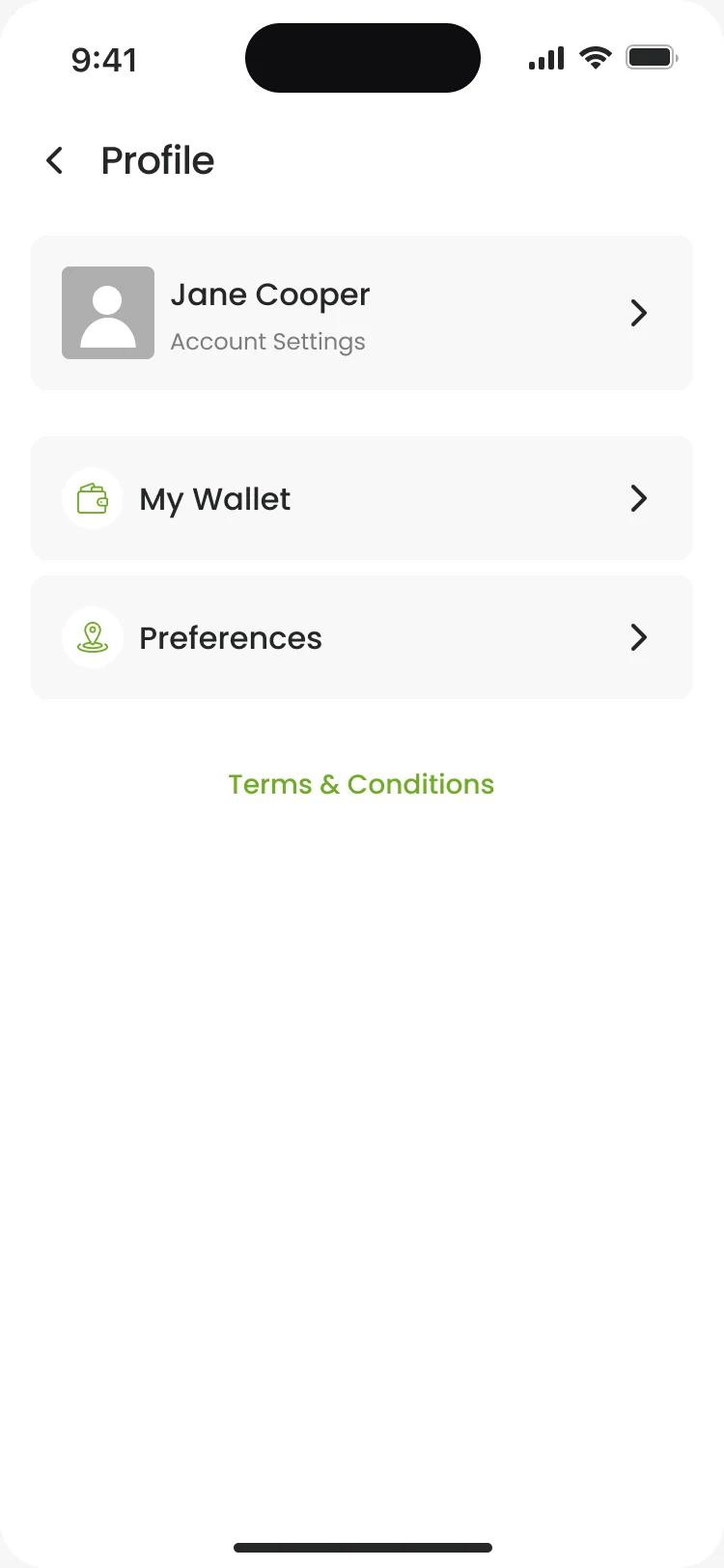 Profile: Jane Cooper and Account Settings, My Wallet, Preferences and Terms & Conditions