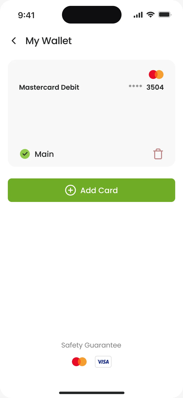 My Wallet: a Mastercard Debit ending 3504 marked Main, with Add Card