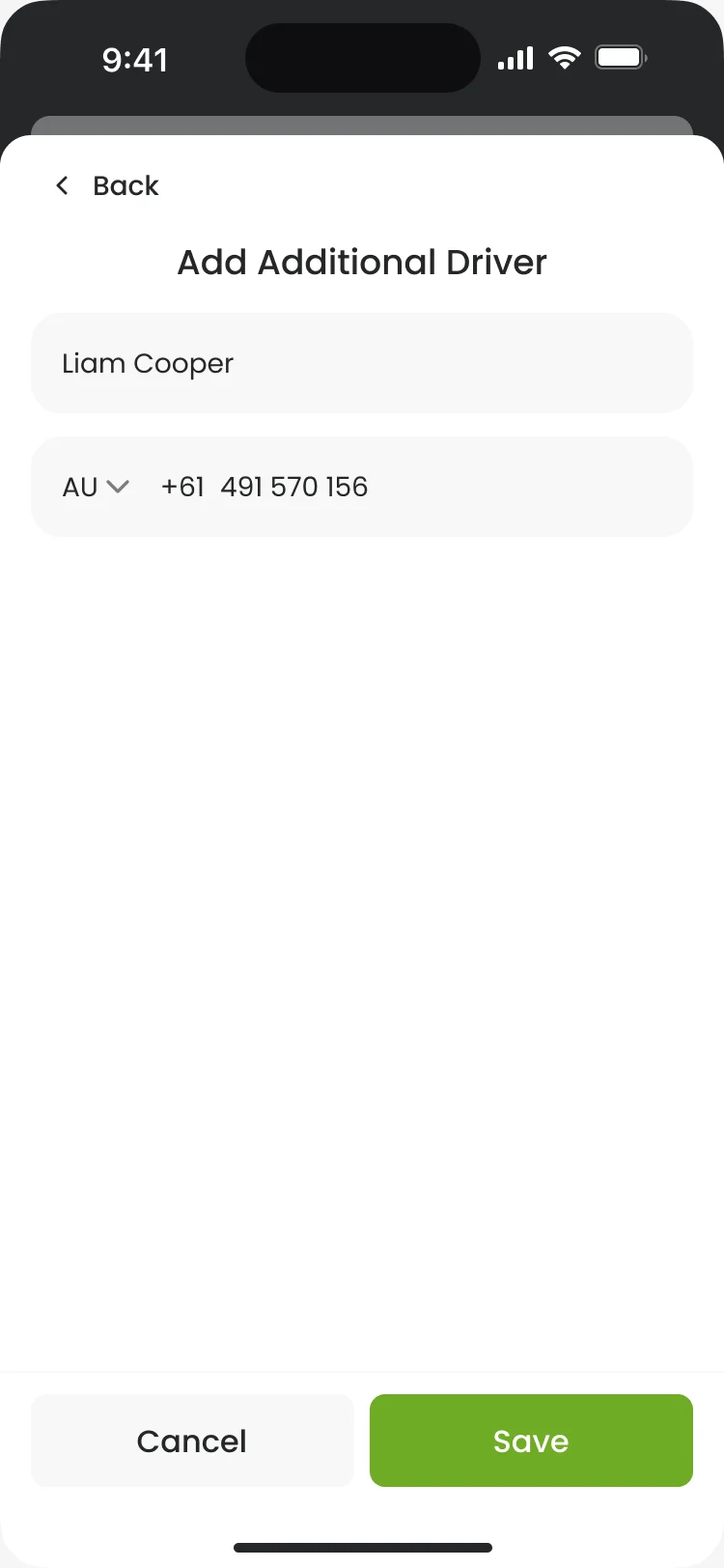 Add Additional Driver: Liam Cooper and an Australian mobile number, with Save