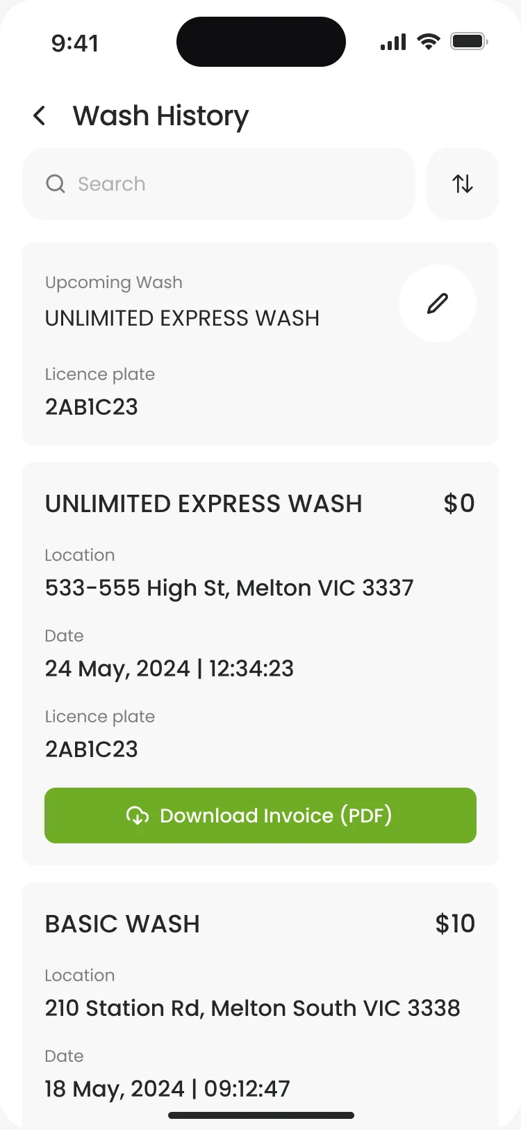 Wash History: an upcoming wash and past washes with their site, date, price and licence plate, and Download Invoice (PDF)