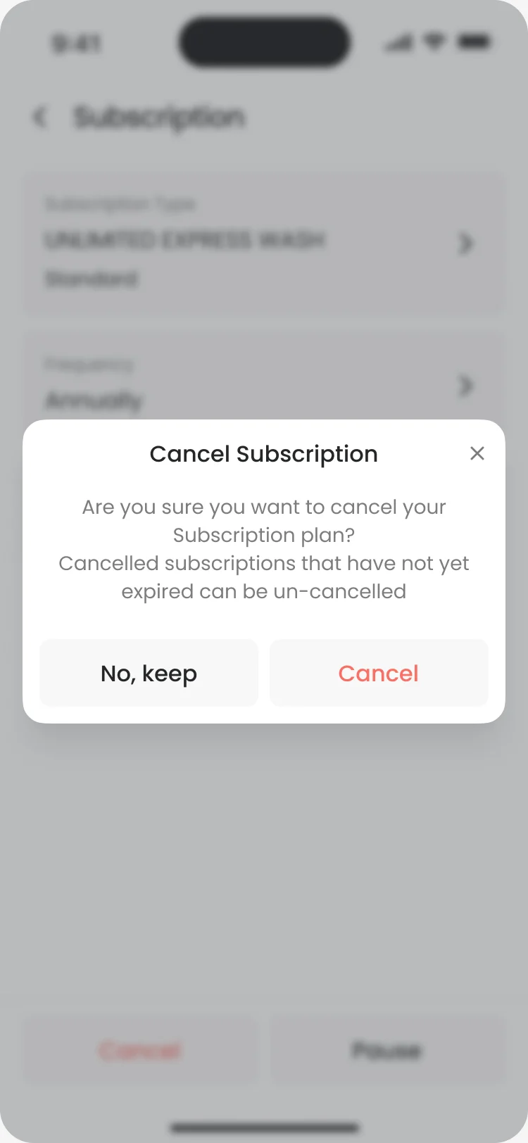 Cancel Subscription dialog: cancelled plans that haven’t expired can be un-cancelled, with No, keep and Cancel
