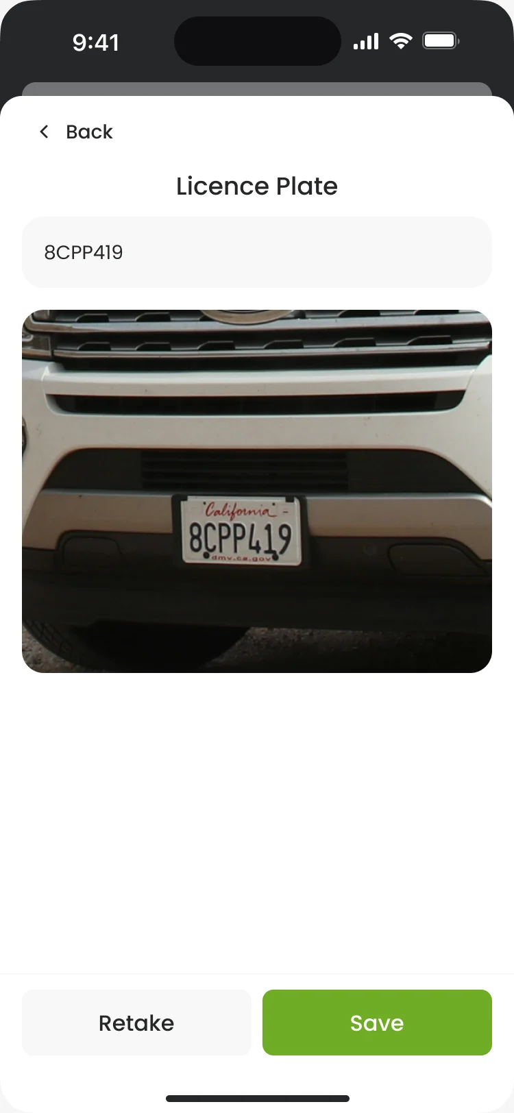 Licence Plate 8CPP419 filled in from the photo, with Retake and Save