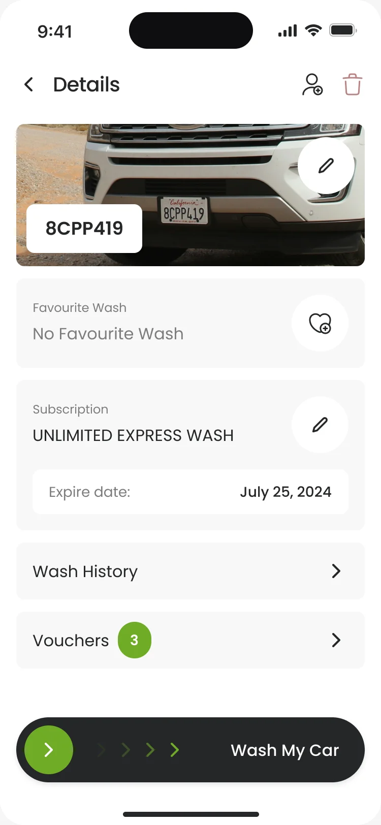 The car’s page: photo with plate 8CPP419, No Favourite Wash, the Unlimited Express Wash plan expiring July 25, 2024, Wash History, three vouchers and the Wash My Car slider