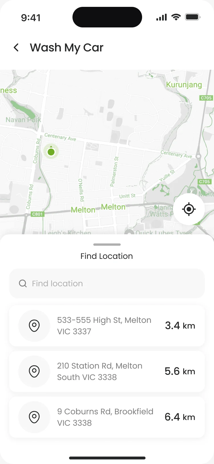 Wash My Car: a map with site pins and a list of three sites with their distances