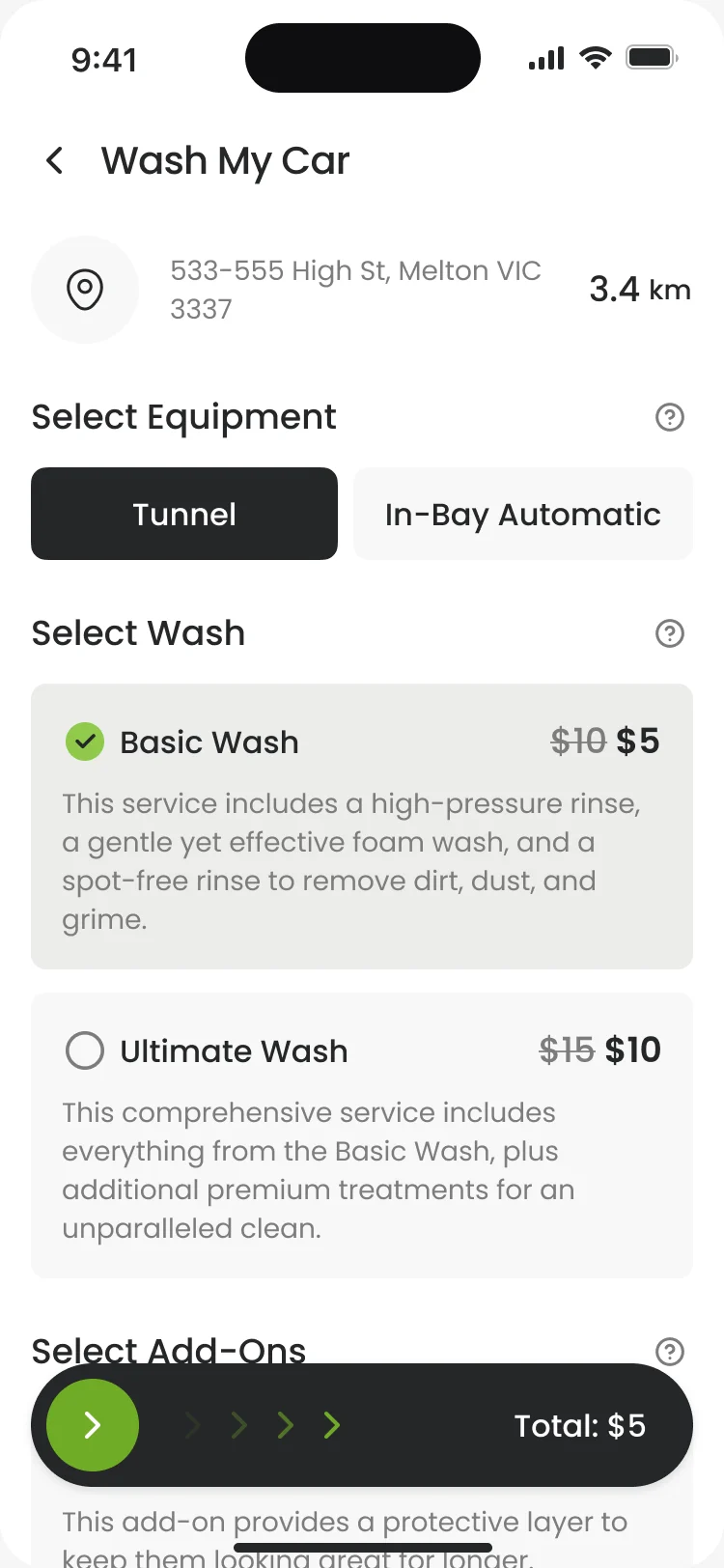 Wash My Car at one site: Tunnel or In-Bay Automatic, Basic Wash $5 selected, Ultimate Wash $10, add-ons and the slider with the total