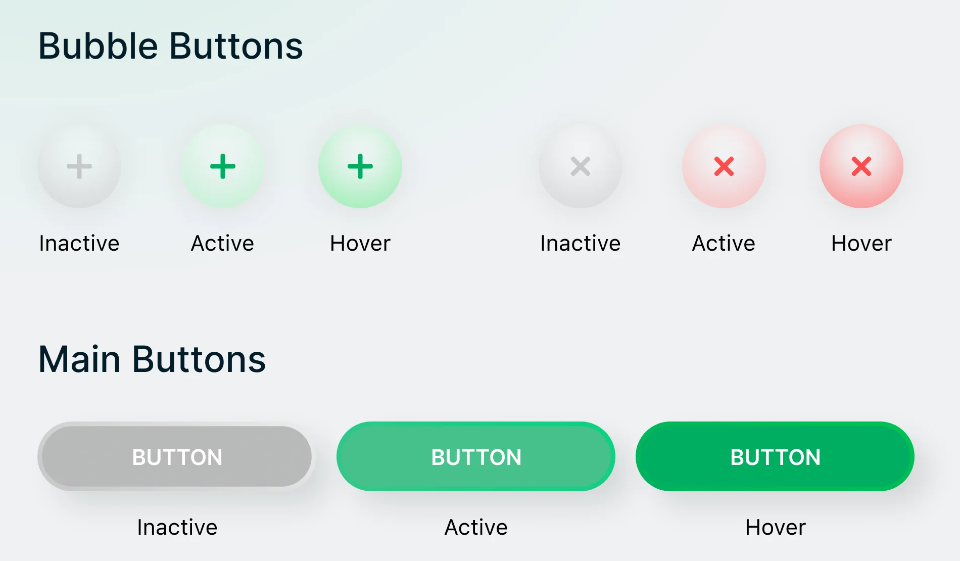 Qarma buttons: green add and red remove bubble buttons and the main button, each shown inactive, active and on hover
