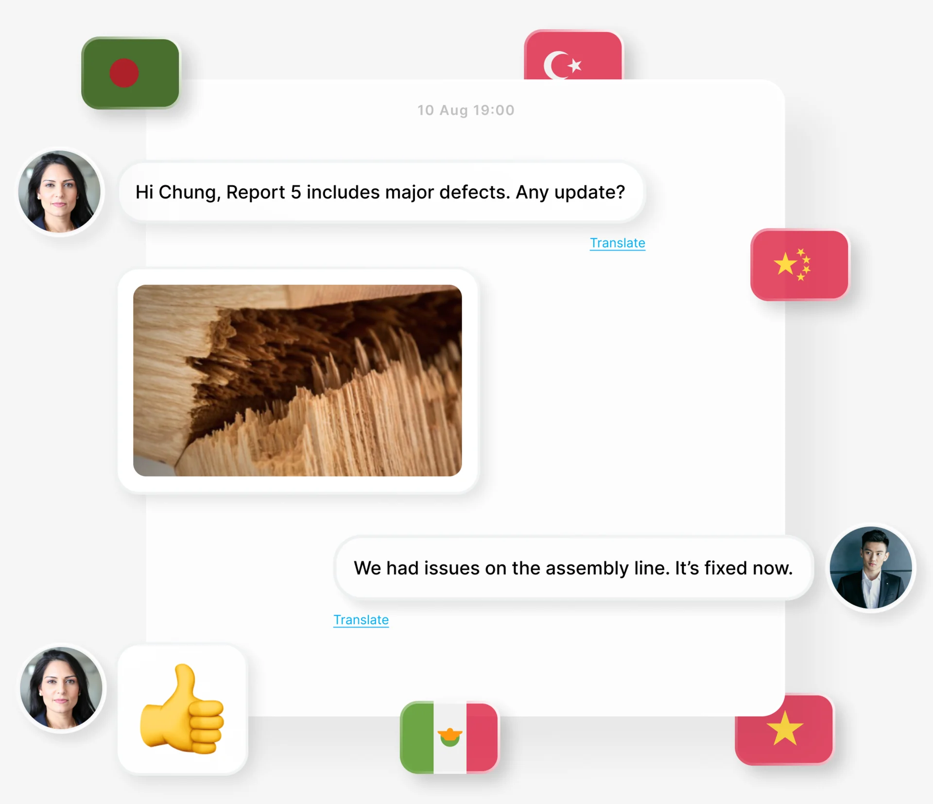A Qarma conversation: a quality manager, shown with her photo, asks about major defects in a report and sends a photo of broken wood; the supplier, shown with his photo, answers that the line is fixed; each message has Translate, surrounded by flags of different countries