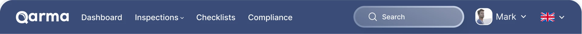Qarma web header: the logo, Dashboard, Inspections with its dropdown, Checklists and Compliance, search, the user’s profile and the language switch