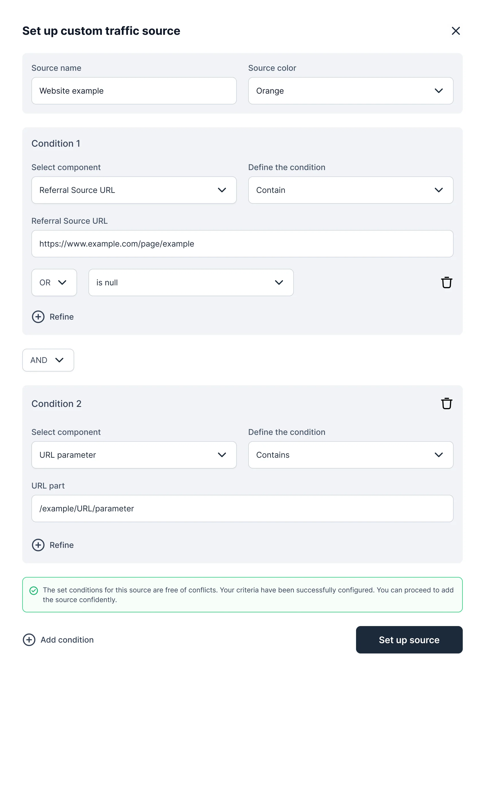 Add custom source: two conditions on the referral URL joined with OR