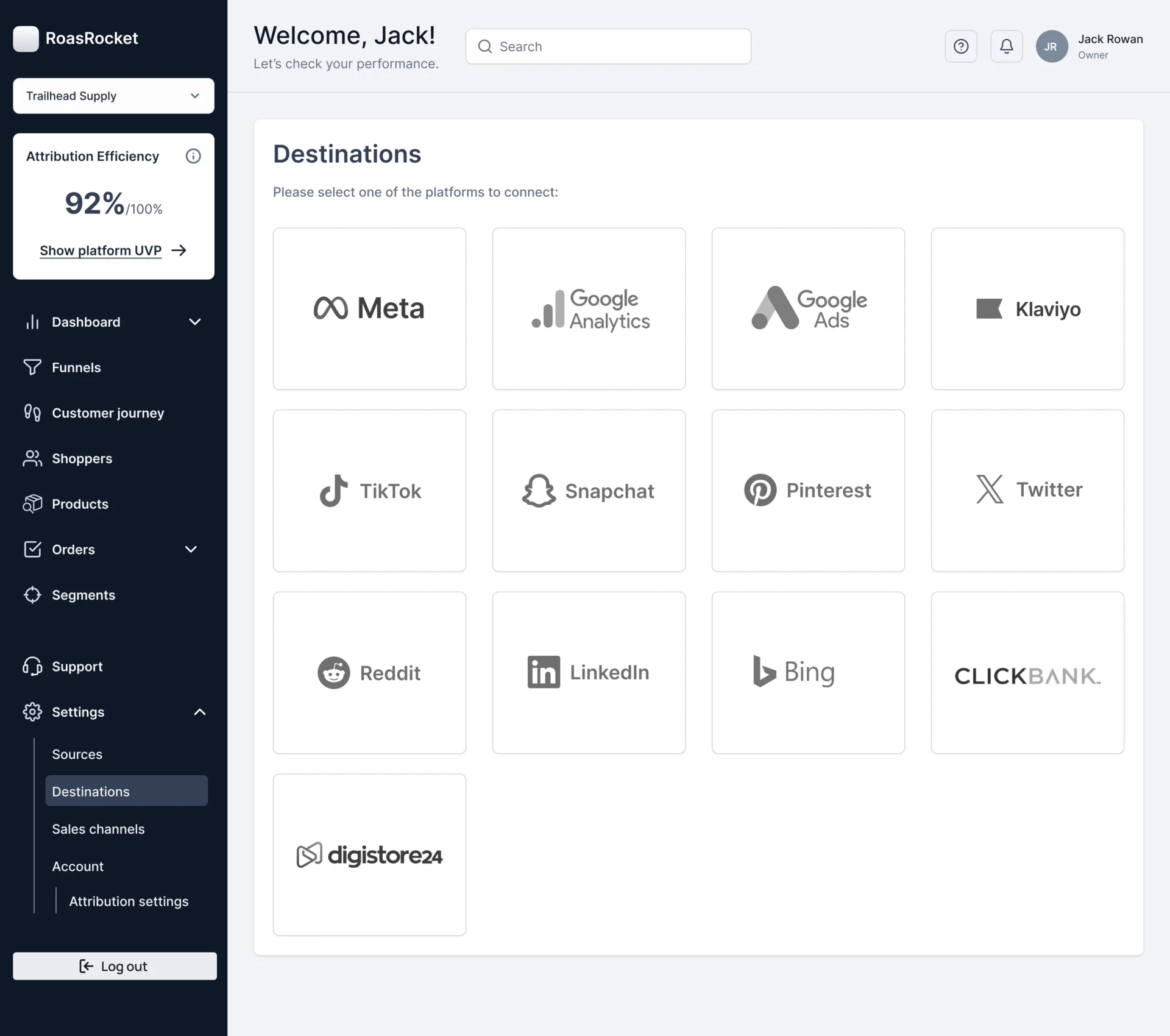 Destinations: Meta, Google Analytics, Google Ads, Klaviyo, TikTok, Snapchat, Pinterest, X, Reddit, LinkedIn, Bing, ClickBank and Digistore24