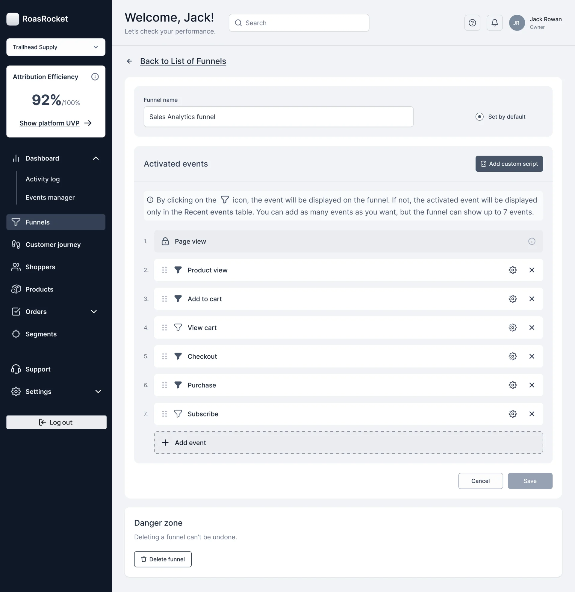 Funnel page: the funnel name, set by default, seven activated events from page view to subscribe with drag handles, settings and remove, and Add event