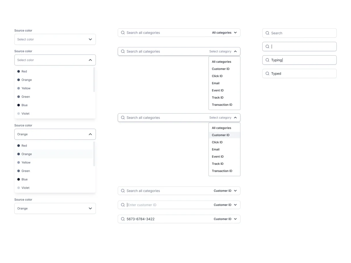 Part of the RoasRocket UI kit: inputs, dropdowns, search fields and panels in their states