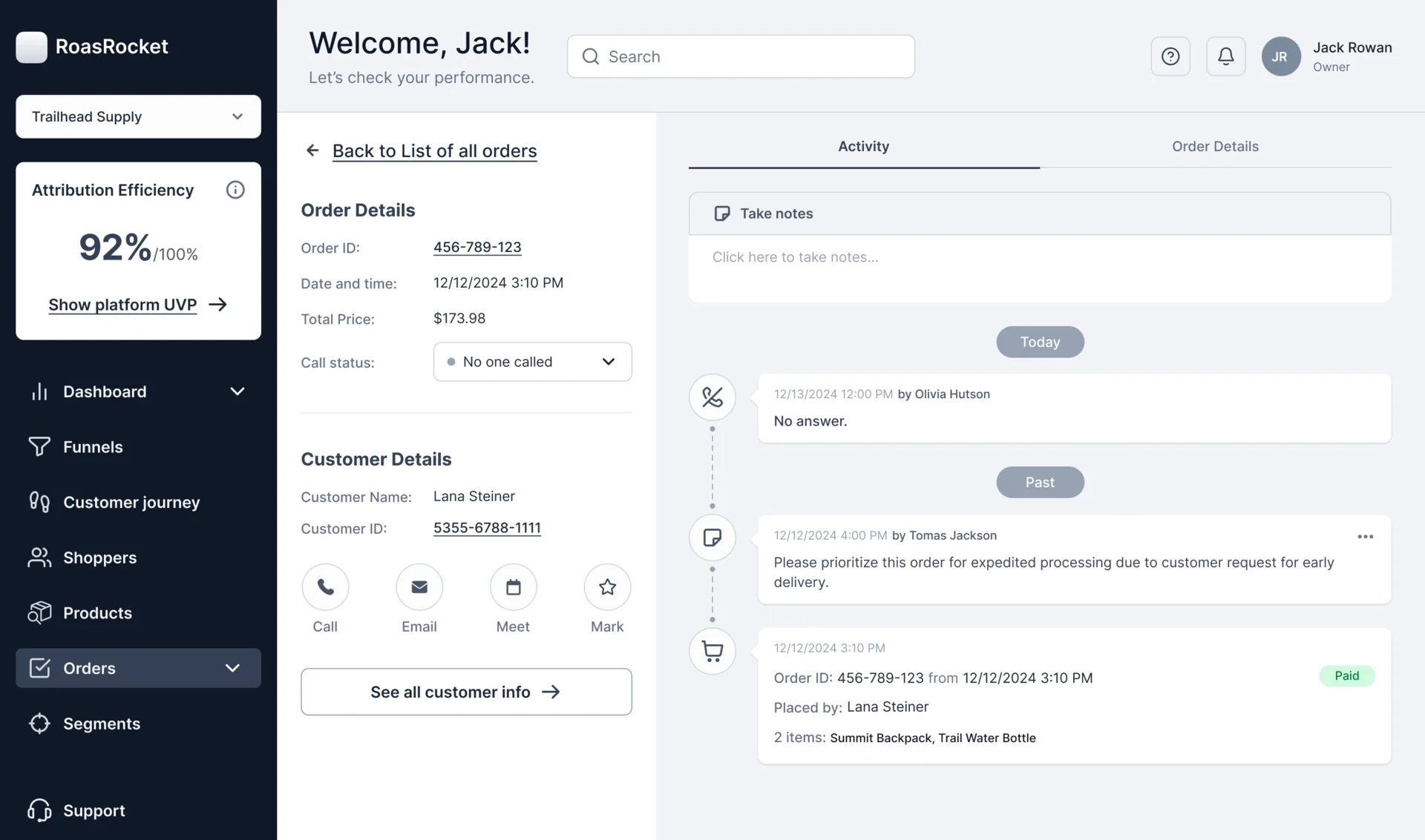 Order record: order and customer details, call status, contact actions, and the activity timeline with notes and the paid order
