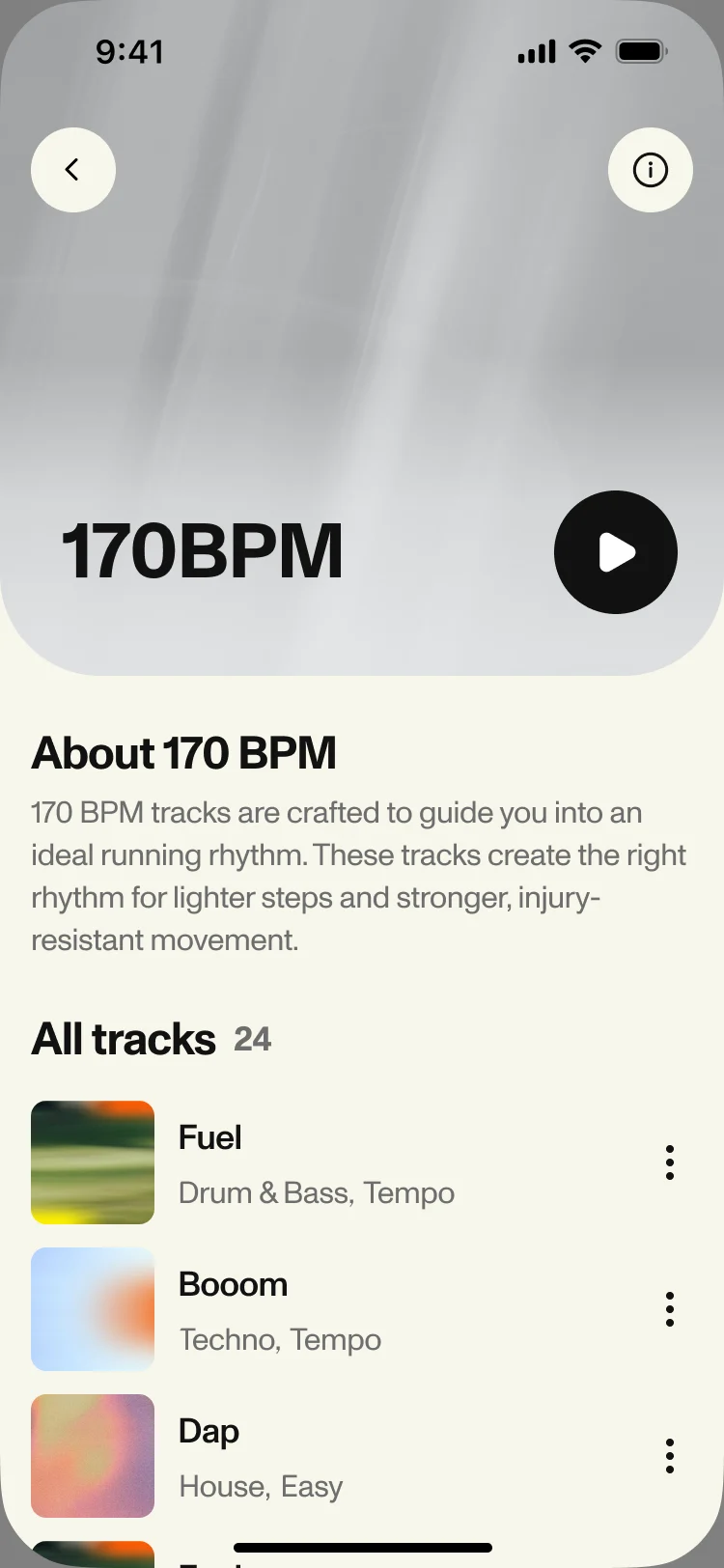 170 BPM page: a grey header with play and an info button, About 170 BPM, and all 24 tracks