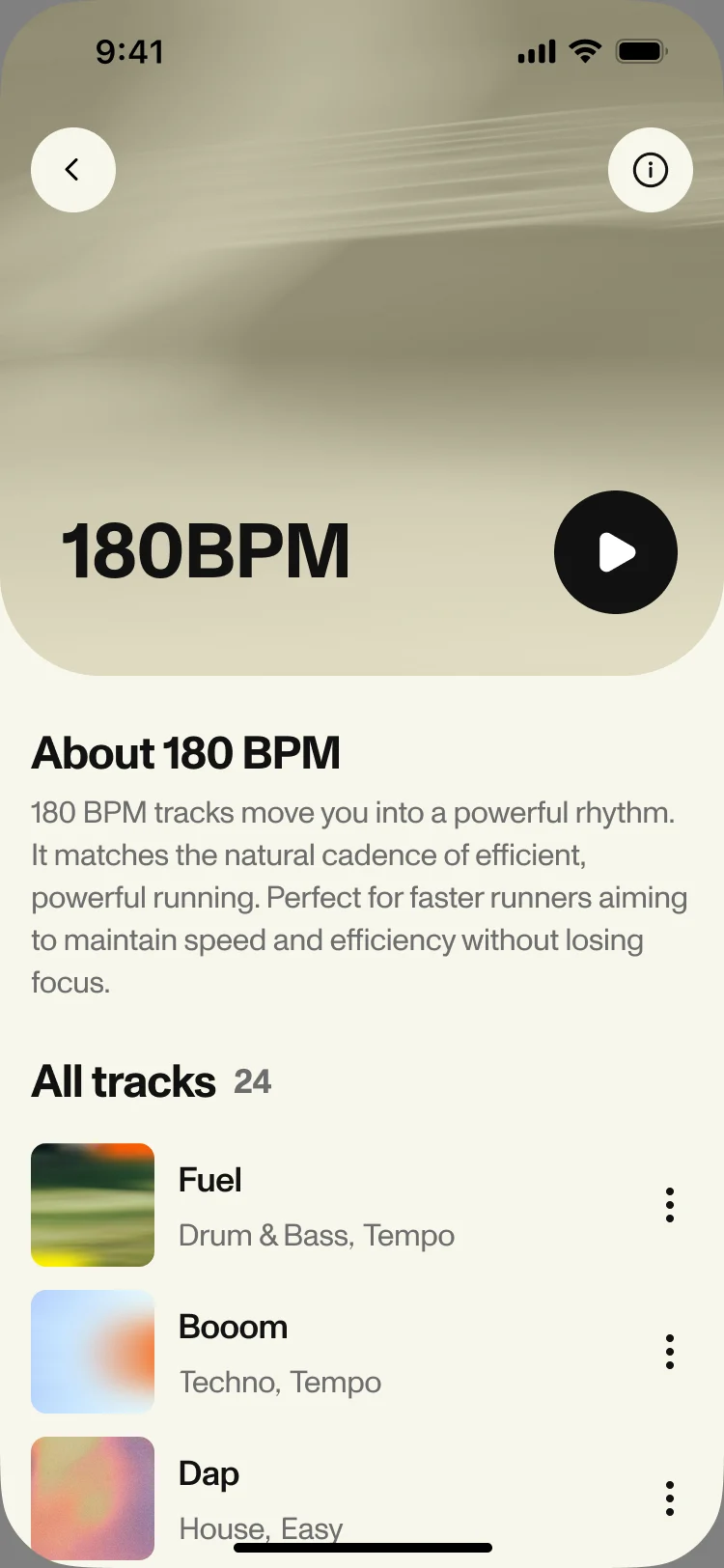 180 BPM page: a sand-coloured header with play, About 180 BPM, and all 24 tracks