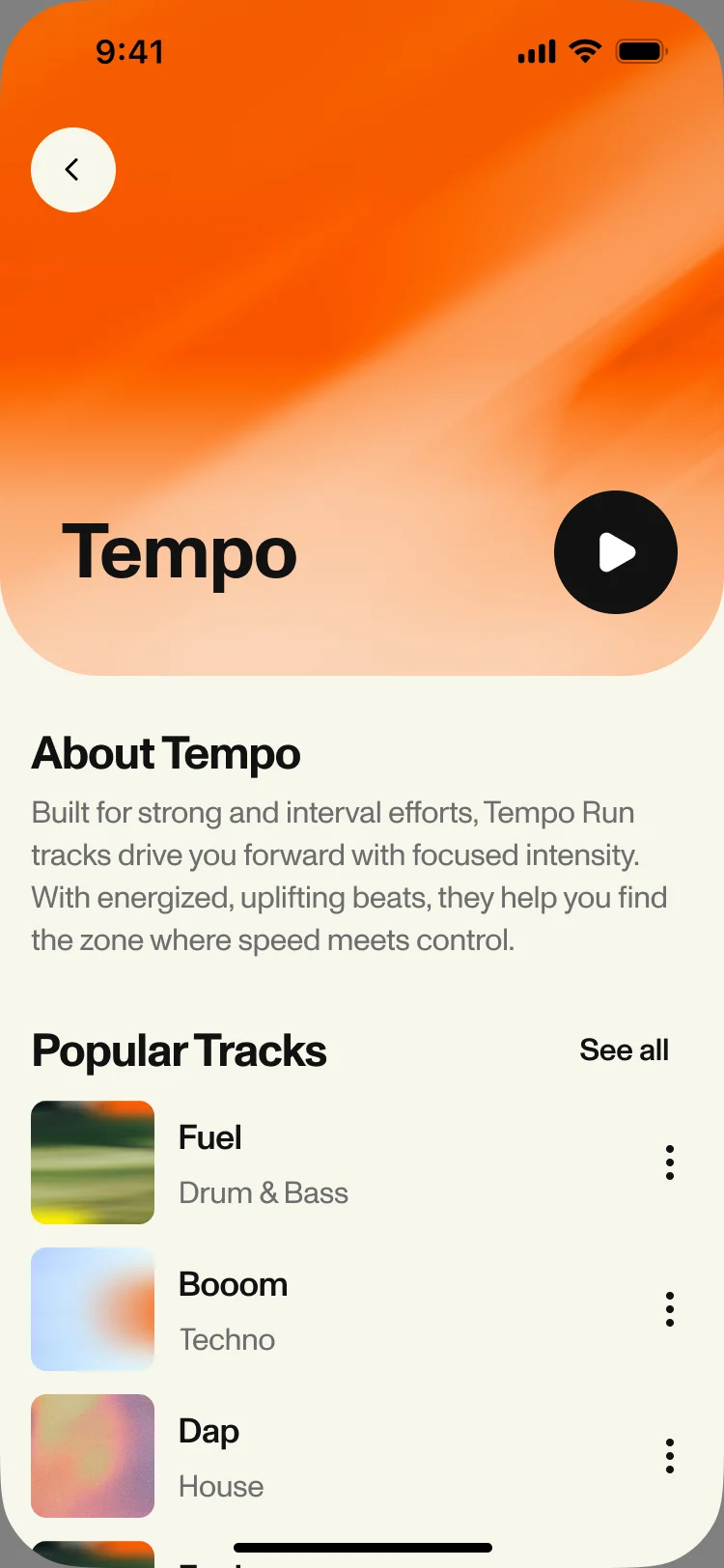 Tempo page: an orange header with play, About Tempo, and popular tracks