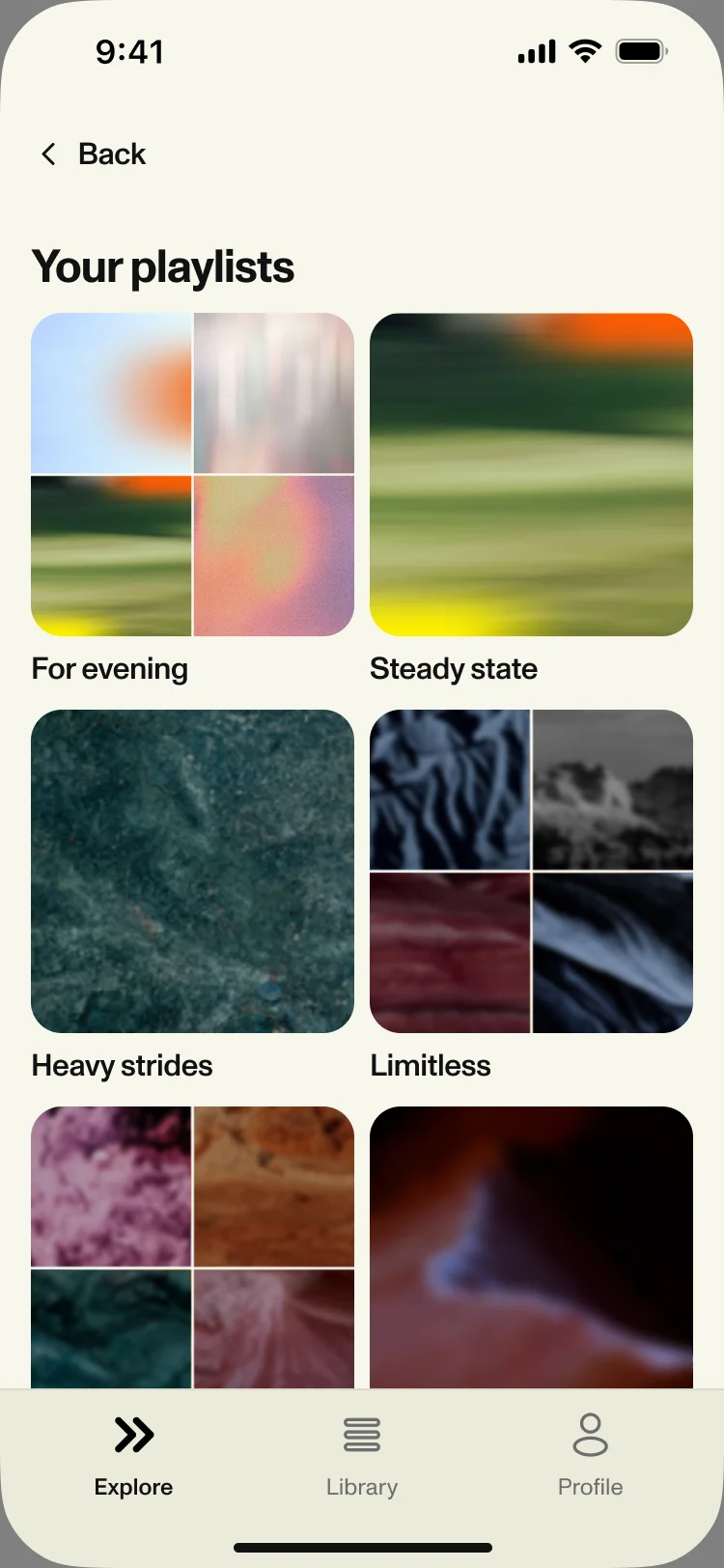 Your playlists: six playlist covers such as For evening and Steady state