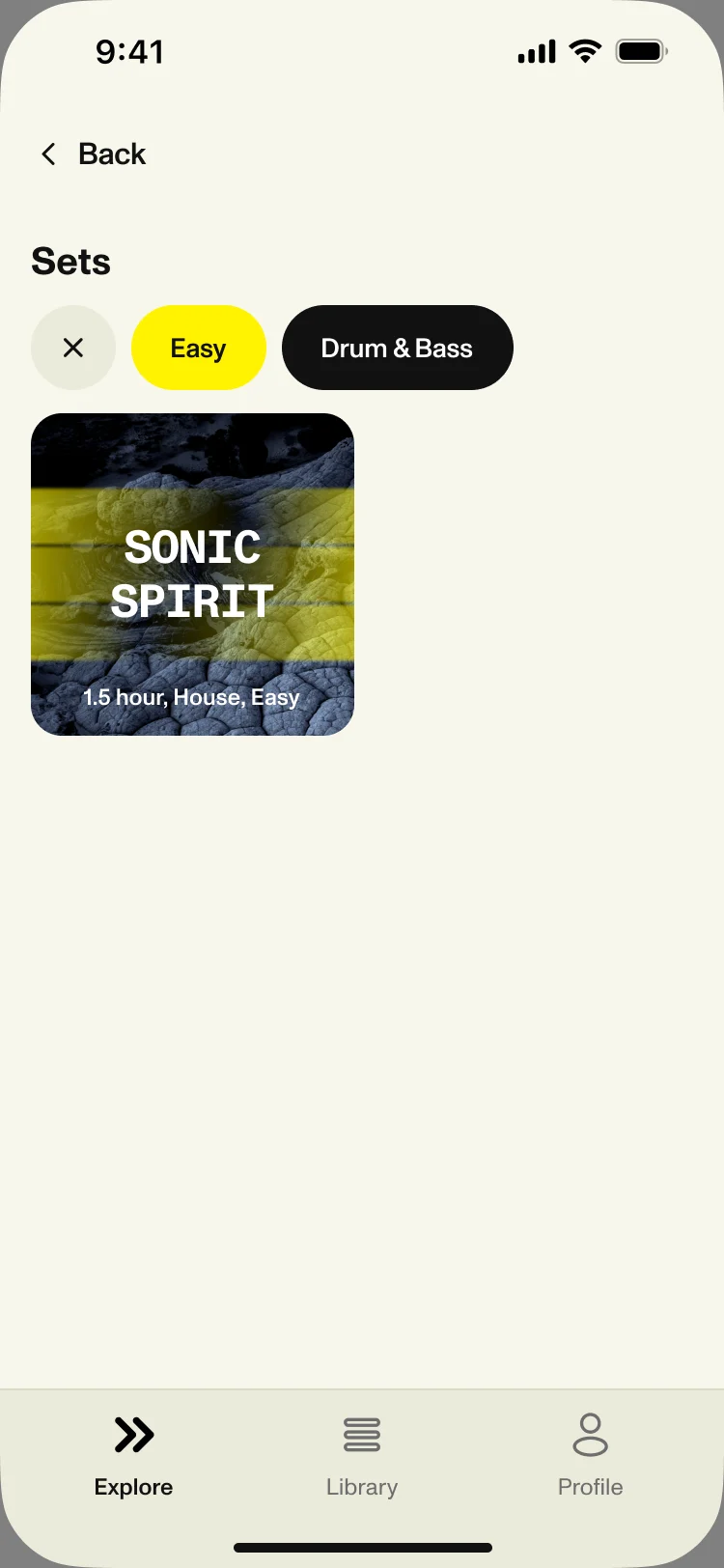 Sets page filtered by Easy and Drum & Bass, showing the one matching set, Sonic Spirit