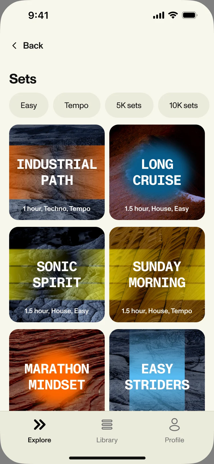 Sets page: filter chips for Easy, Tempo, 5K and 10K sets above six set covers