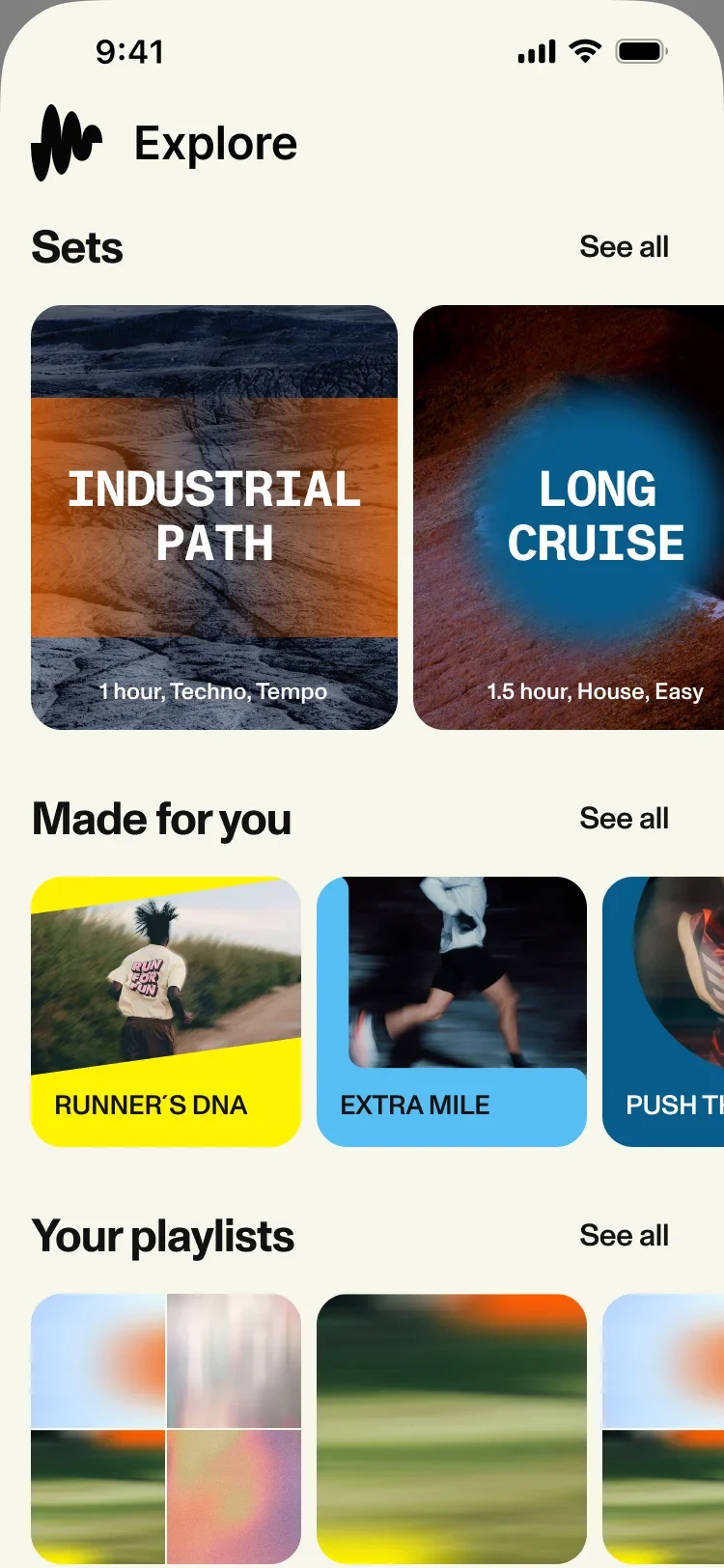 Explore: Sets with Industrial Path and Long Cruise, Made for you, and Your playlists