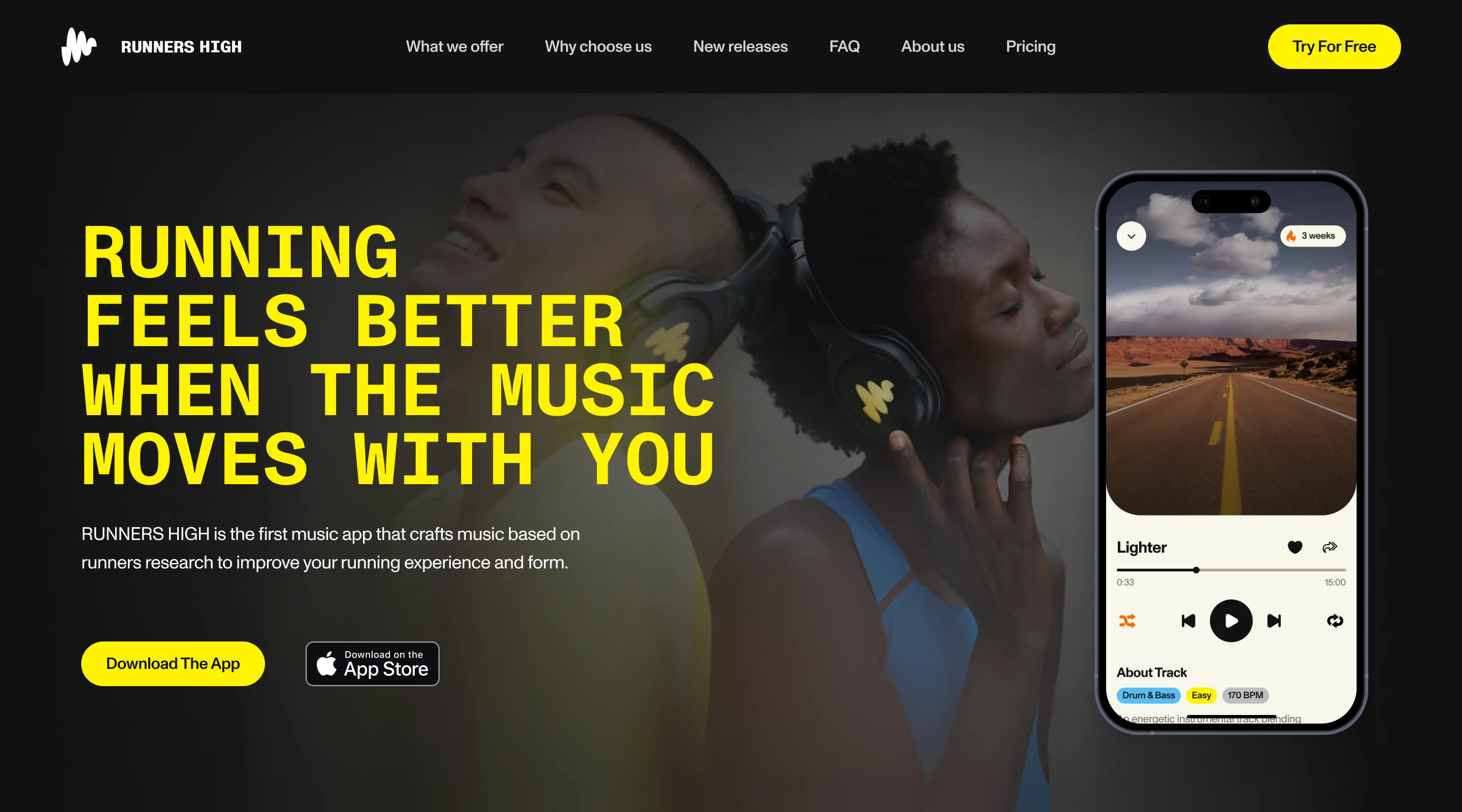 RUNNERS HIGH website hero: the headline Running feels better when the music moves with you, download buttons, and the app’s player on a phone