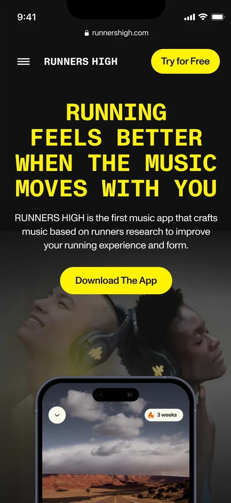 The RUNNERS HIGH home page on a phone: the headline, Download The App, and the player on a phone