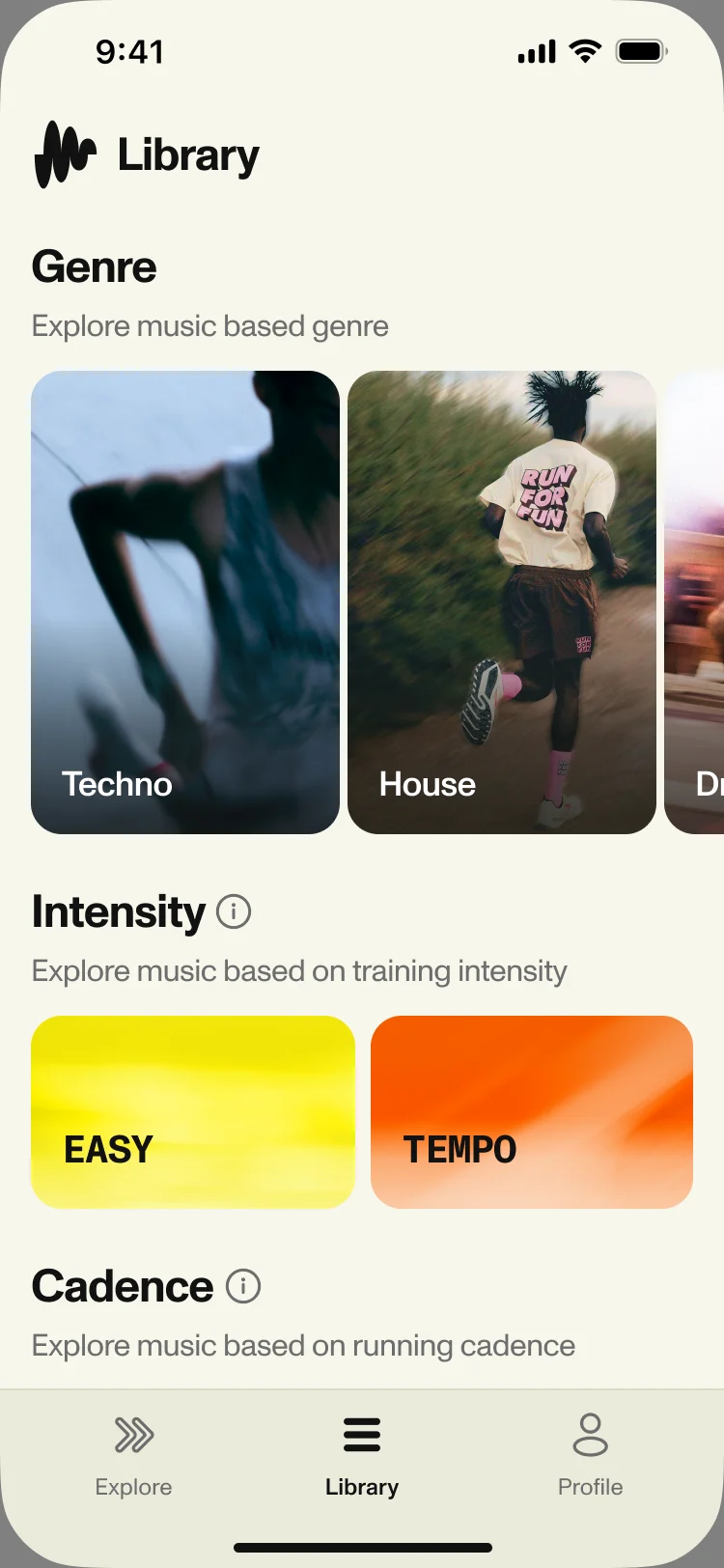 RUNNERS HIGH Library: Genre with Techno and House, Intensity with Easy and Tempo cards, Cadence below, and the tab bar with Library active