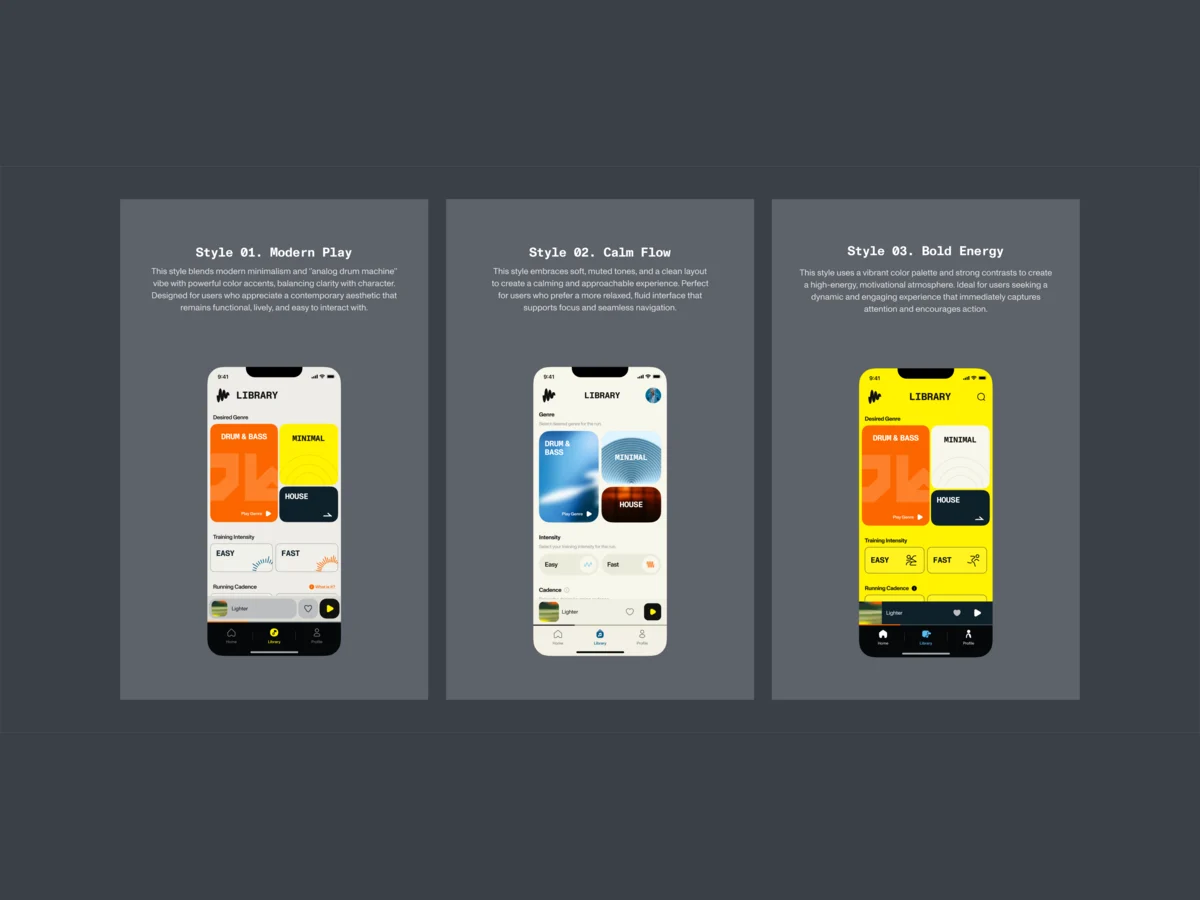 Three styles for one Library screen: Modern Play, Calm Flow and Bold Energy, each with its colours and cards