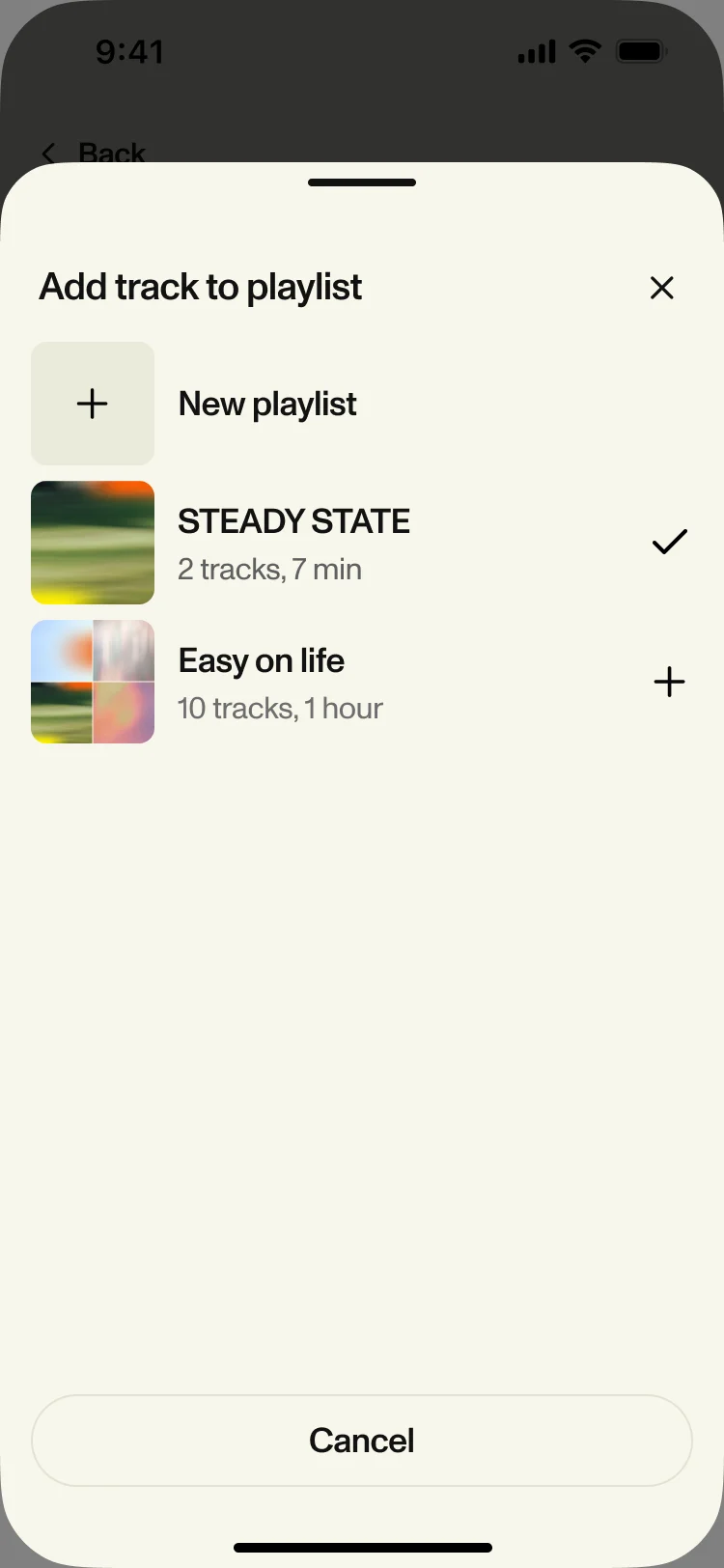 Add track to playlist from Recently listened: New playlist, Steady State ticked and Easy on life
