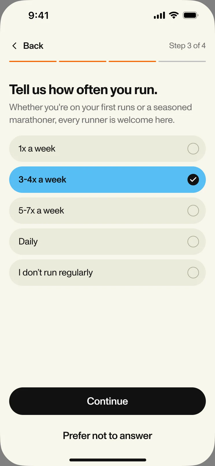 Set-up step 3 of 4: Tell us how often you run, with 3–4x a week selected and Prefer not to answer below