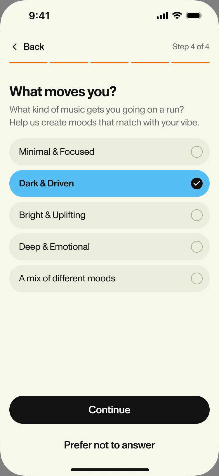 Set-up step 4 of 4: What moves you, with Dark & Driven selected among five moods