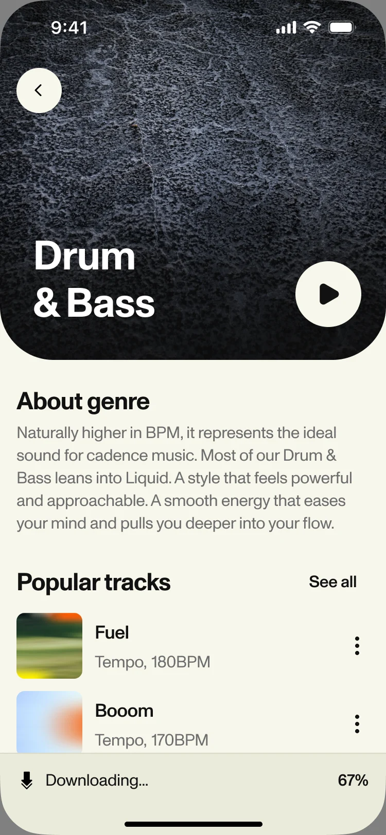 Drum & Bass genre page with a download bar at 67%