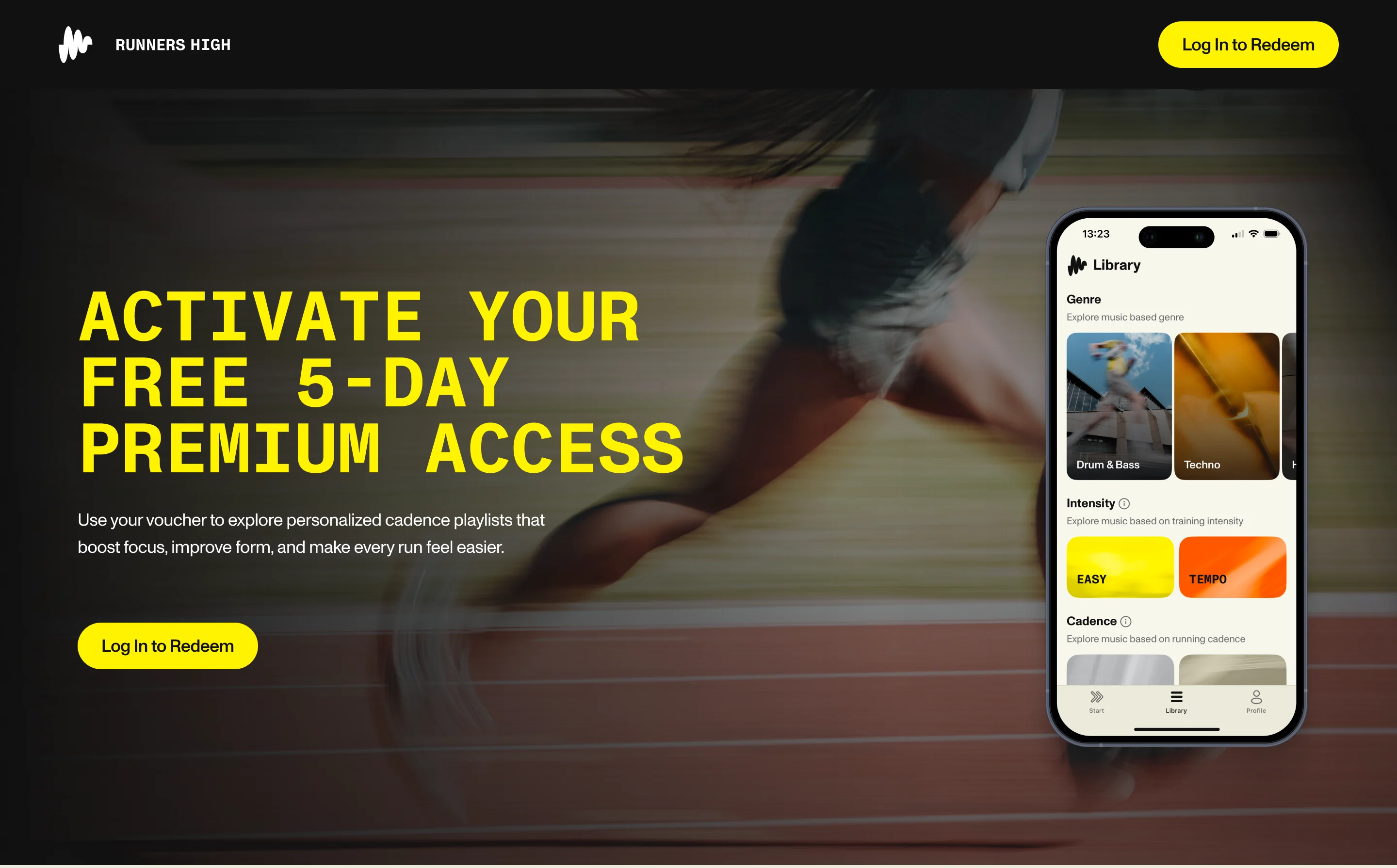 Voucher landing page: Activate your free premium access, a Log in to Redeem button, the Library on a phone, and Why RUNNERS HIGH below