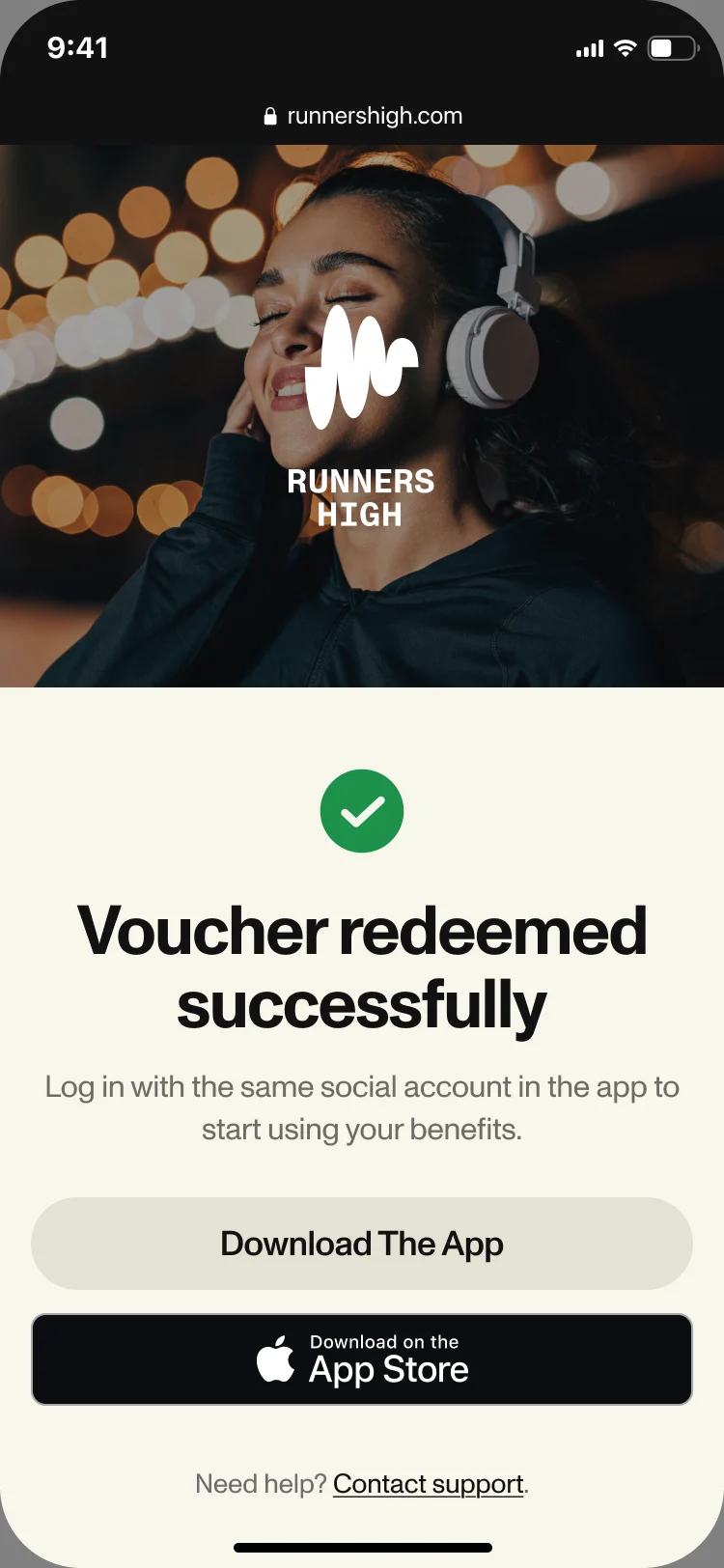 Voucher redeemed successfully, with Download The App and an App Store button