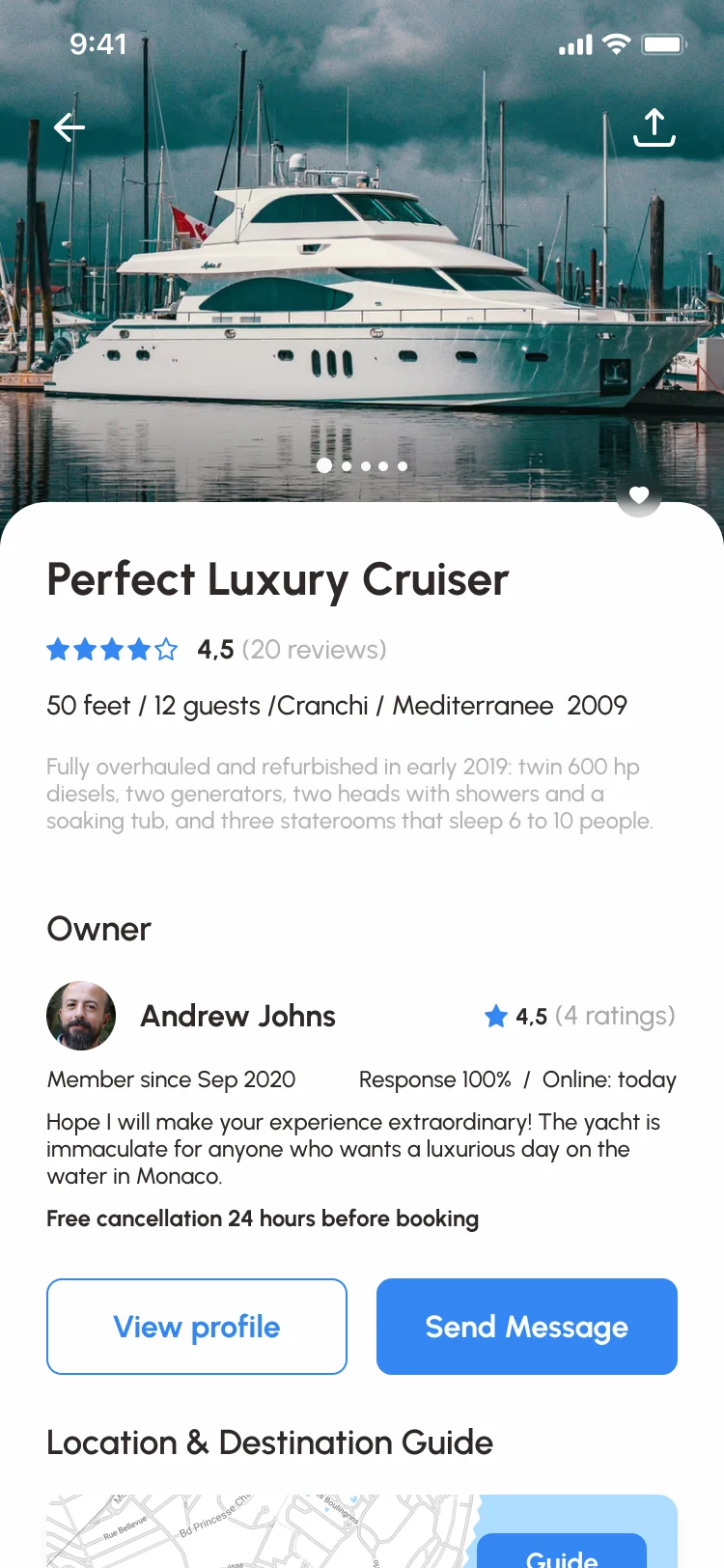 Sailo iOS boat page for Perfect Luxury Cruiser: photos, rating 4.5 from 20 reviews, 50 feet, 12 guests, Cranchi Mediterranee 2009, a description, owner Andrew Johns with his rating and response rate, free cancellation 24 hours before booking, and View profile and Send Message buttons