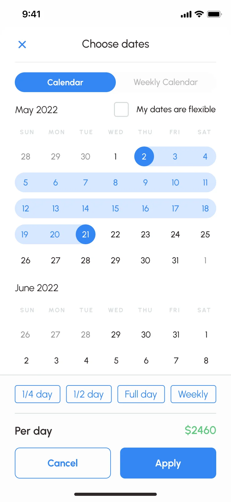 Sailo iOS date picker: May and June 2022 with the chosen dates highlighted, flexible dates, trip length from a quarter day to weekly and $2460 per day