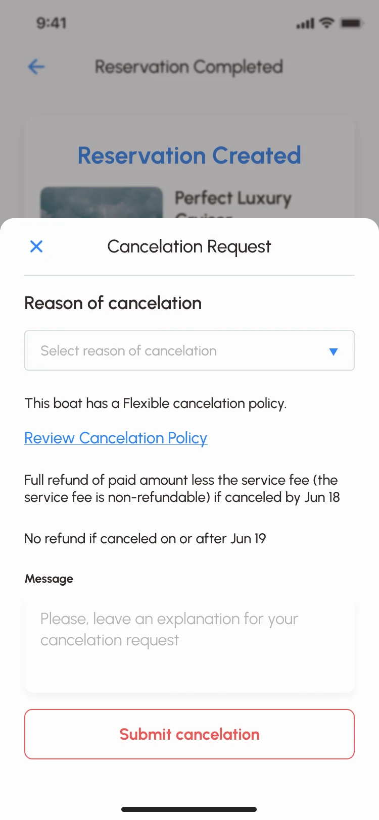 Sailo iOS cancellation request: a reason, the boat’s flexible policy with a full refund less the service fee before Jun 18 and no refund from Jun 19, a message and Submit cancelation