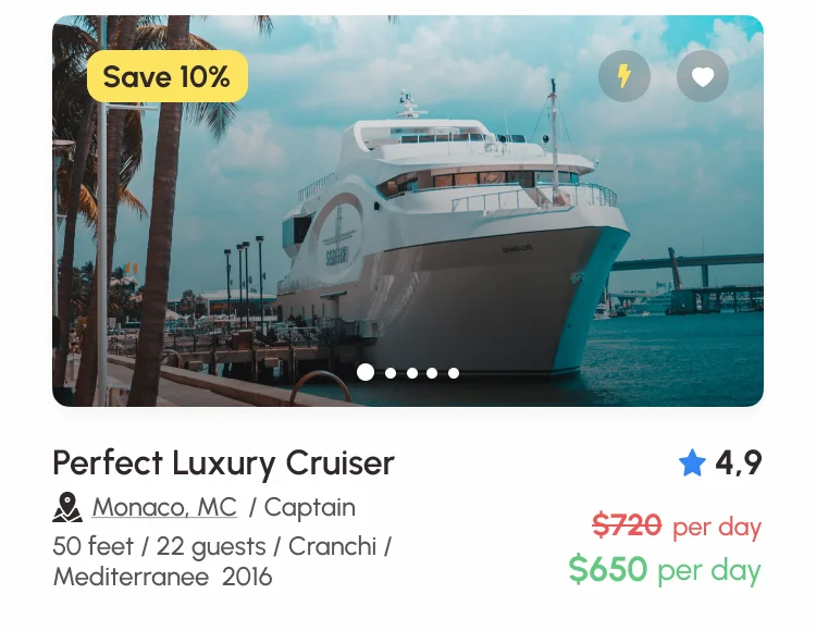 Sailo iOS boat card: a photo with a 10% saving badge, Perfect Luxury Cruiser rated 4.9 in Monaco with a captain, 50 feet and 22 guests, $650 a day instead of $720