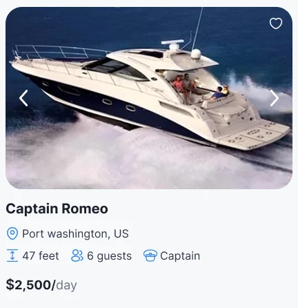 Sailo web boat card: a photo with a save button, Captain Romeo in Port Washington, 47 feet, 6 guests, captain, $2,500 a day