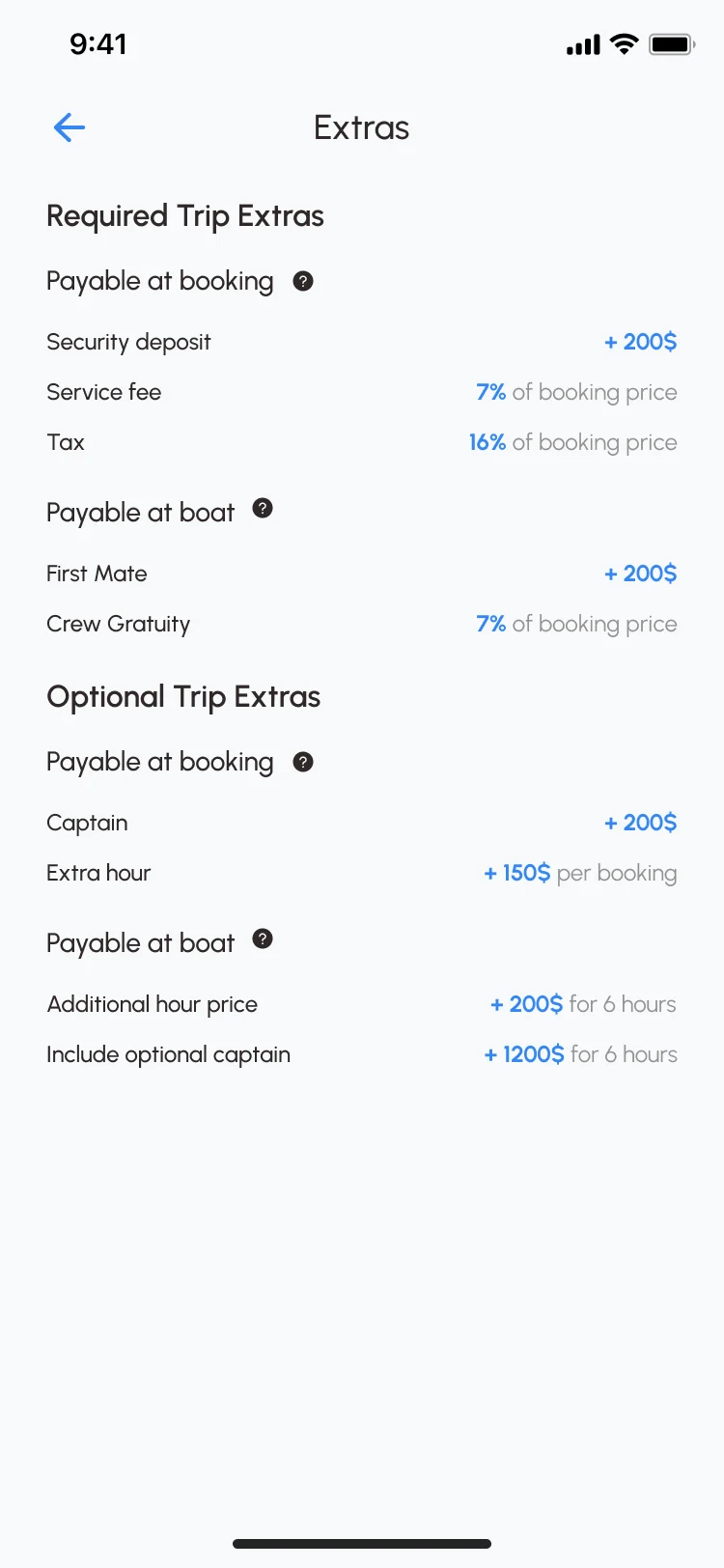 Sailo iOS extras: required extras payable at booking such as the security deposit, service fee and tax, and at the boat such as the first mate and crew gratuity, then optional extras such as a captain and extra hours