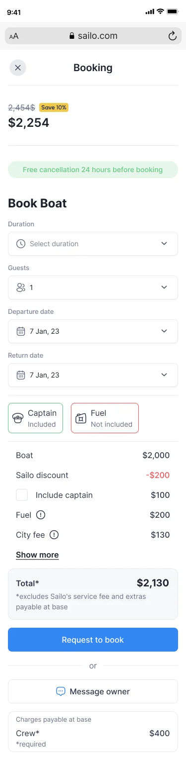 The same booking at 375 pixels in a phone browser: the price, free cancellation, duration, guests, dates, captain and fuel, the itemised price and $2,130 total, Request to book, Message owner and the crew payable at the base