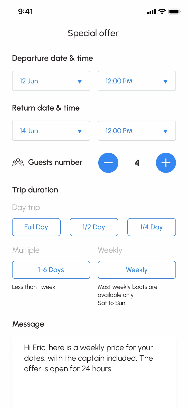 Sailo iOS special offer by the owner: departure and return date and time, four guests, trip duration from a day trip to weekly, and a message to the renter